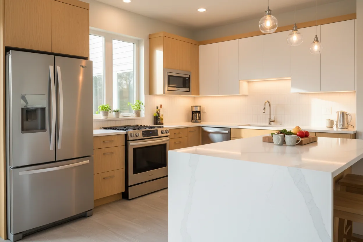 Modern kitchen with refrigerator, oven and other household appliances